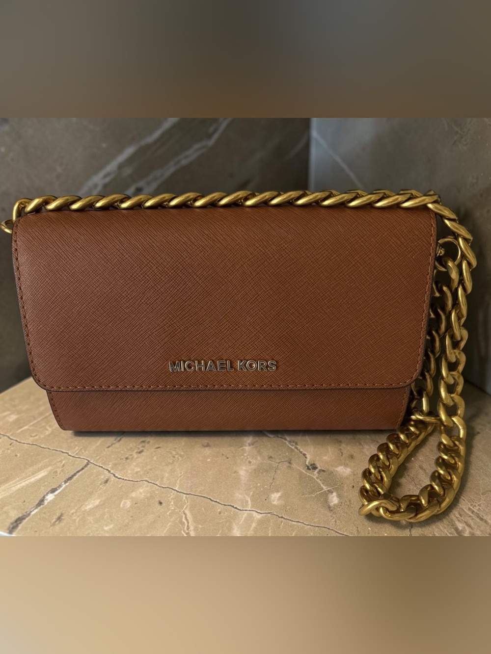 NWOT Michael Kors Chestnut Saffiano Leather Crossbody with Gold Chain